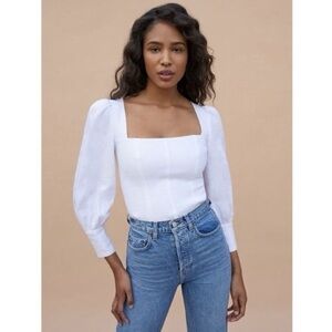 Reformation White Square Neck Puff Sleeve Blouse